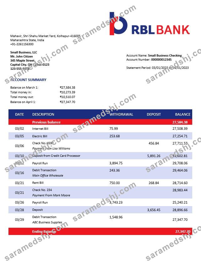 RBL Bank enterprise account statement Word and PDF template
